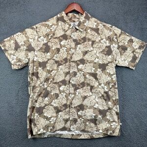 Solitude Mens Brown Floral Monstera Hibiscus Short Sleeve Button Up Shirt Large